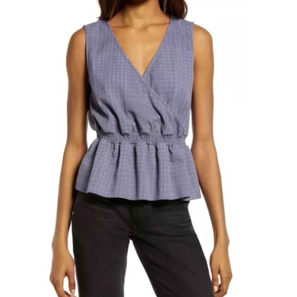 Treasure & Bond Blue Plaid Peplum Crop Blouse